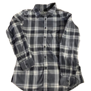 MEC grey, white and black plaid button up shirt medium